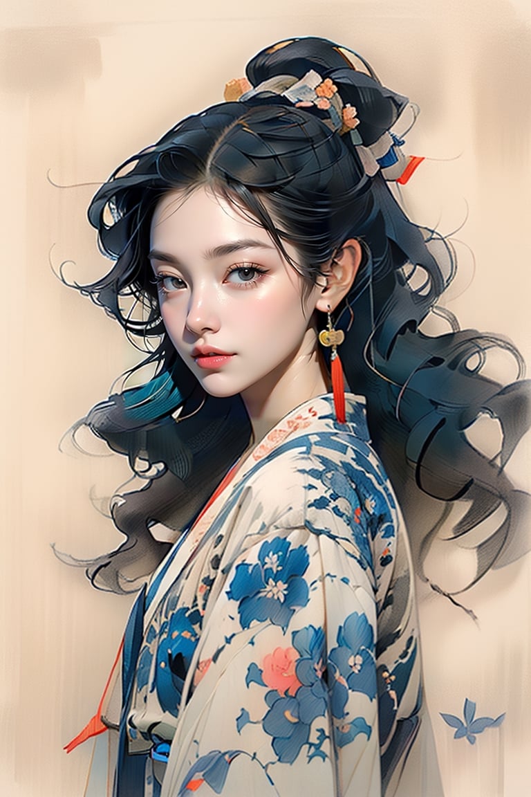  A girl, wearing hanfu, peony garden, butterfly, (negative space:1.4), gold and white and red hue, ((black pencil drawing, ,Charcoal drawing, black pencil drawing, color pencil drawing, line drawing,  graphite drawing)), fineline blur, random background, (Cinematic lighting, ethereal light, depth of field, intricate details, extremely detailed, incredible details, full colored), complex details, hyper maximalist, gorgeous light and shadow, detailed decoration, detailed lines. masterpiece, best quality, HDR, UHD, unreal engine. looking at the camera, fair skin, beautiful face,1 girl ,pencil drawing,qinghua,1 line drawing,DRAWING,Pencil drawing,hau_fneg