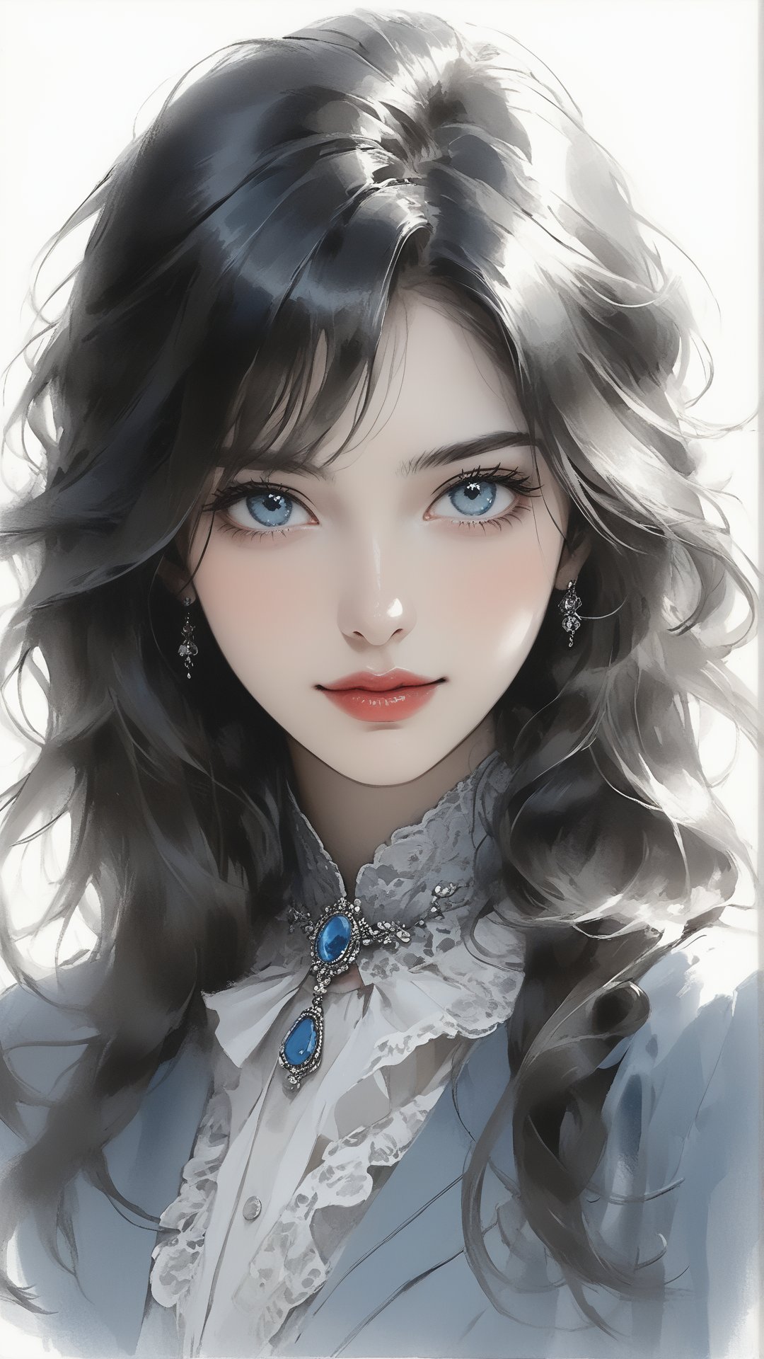 Sketch of a beautiful girl, shy Chuckle smile, ((22 years old korean girl)), ((a beautiful girl with clear blue eyes)), portrait, soft light-red lips, black hair, illustration art, soft light, detailed, strong grayscale, elegant, high contrast, with thin lines Add soft blur, sketch of a beautiful girl, portrait of Charles Miano, ((full body shot)), strong  backlight, ,zavy-hrglw, niji5,aesthetic portrait,jyojifuku,anica_teddy