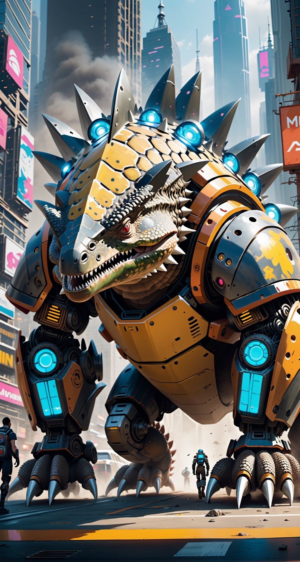 Imagine a Ankylosaurus giant robot with a small monitor-like face and a very strong body, destroying cyberpunk city. Envision a super powerful image that embodies the advanced technology, scary package