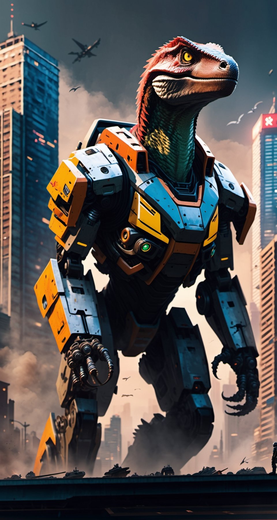 An utahraptor giant robot with very strong body, leads the dinosaur special forces invading cyberpunk city. Envision a super powerful image that embodies the advanced technology, scary package, violences, massive explosions