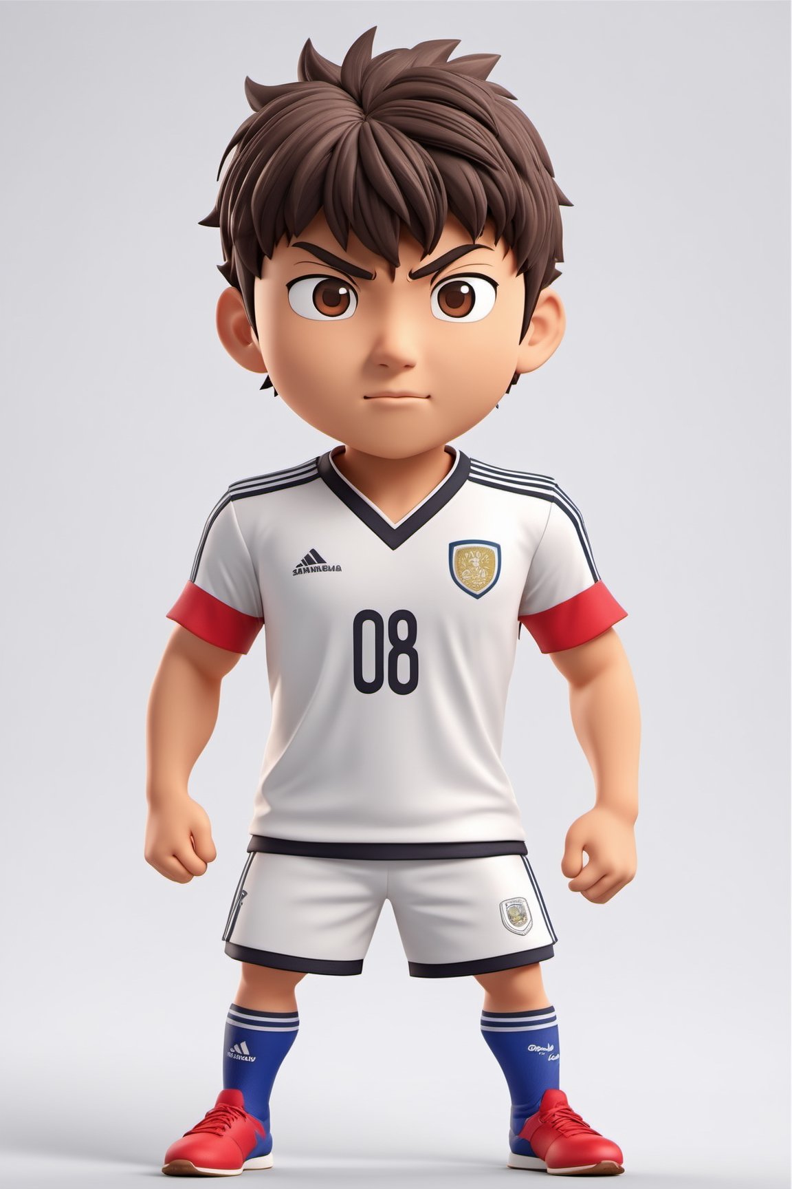 (full body) Tribal version mascot of cute and cubby Takeshi Sawada from Captain Tsubasa series, angry expression, fighting pose, masterpiece artwork, white accent, detailed face features, sharp eyes, extremely detailed, intricate details, muted color scheme, subtle gradients, photorealistic, 8k, 3d style