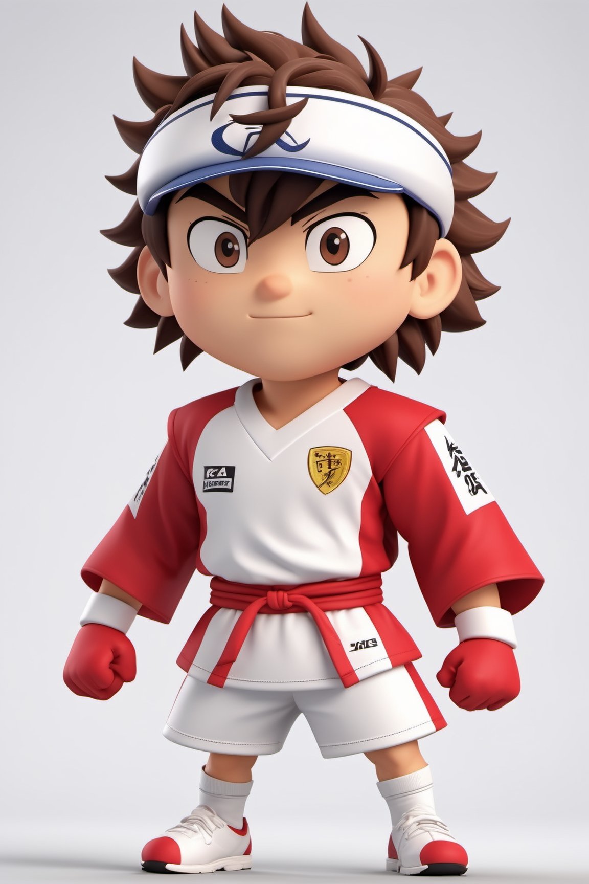 (full body) Tribal version mascot of cute and cubby Takeshi Sawada from Captain Tsubasa series, angry expression, fighting pose, masterpiece artwork, white accent, detailed face features, sharp eyes, extremely detailed, intricate details, muted color scheme, subtle gradients, photorealistic, 8k, 3d style