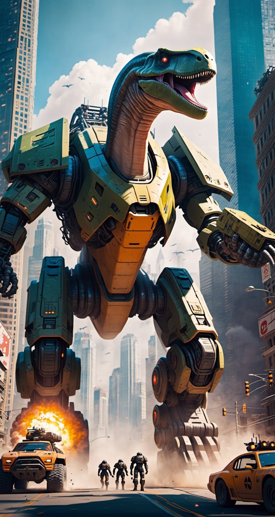 An Apatosaurus giant robot with very strong body, leads the dinosaur special forces invading cyberpunk city. Envision a super powerful image that embodies the advanced technology, scary package, violences, massive explosions