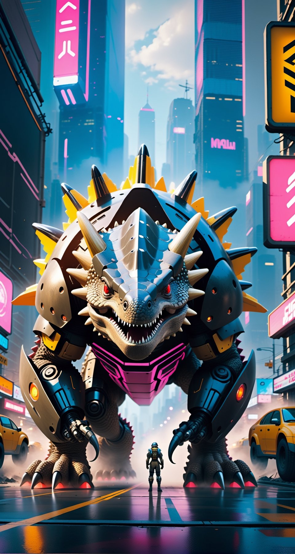 Imagine a Ankylosaurus giant robot with a small monitor-like face and a very strong body, destroying cyberpunk city. Envision a super powerful image that embodies the advanced technology, scary package