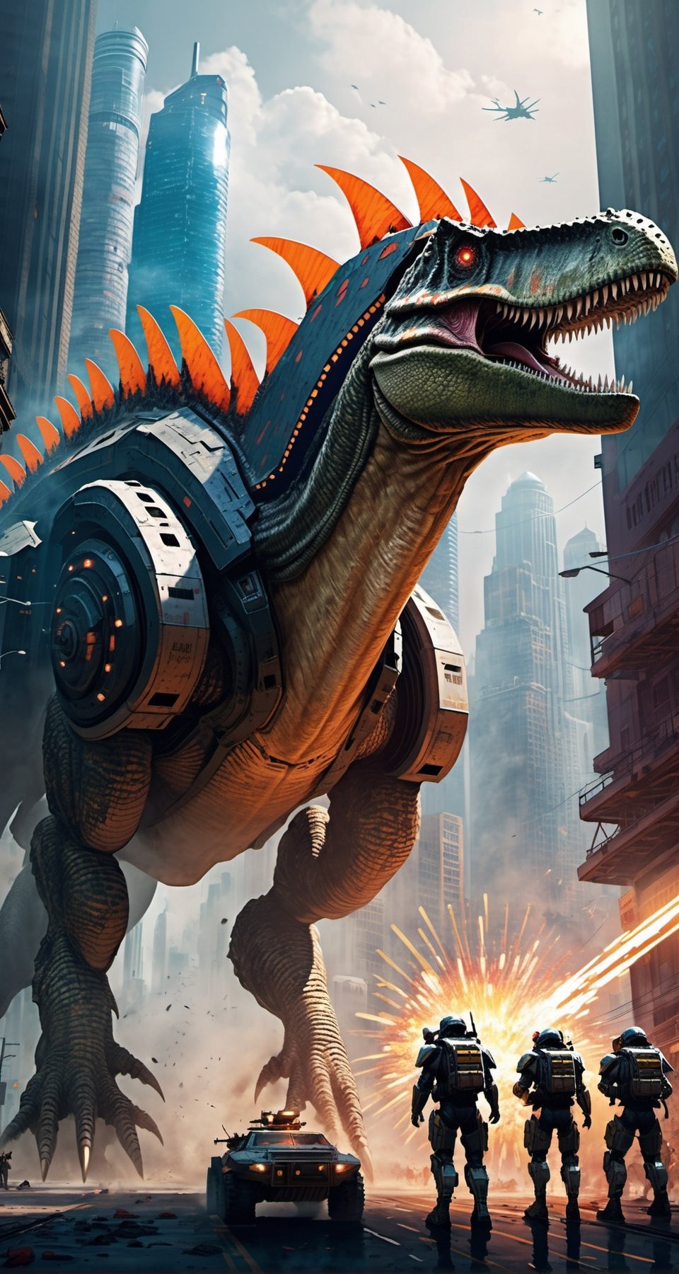 An Spinosaurus giant robot with very strong body, leads the dinosaur special forces invading cyberpunk city. Envision a super powerful image that embodies the advanced technology, scary package, violences, massive explosions