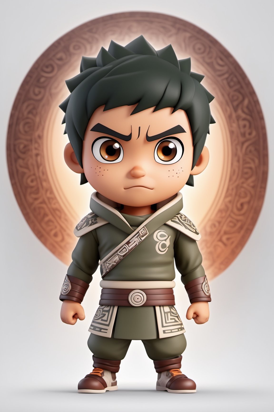 (full body) Tribal version mascot of cute and cubby Rock Lee, angry expression, fighting pose, masterpiece artwork, white accent, detailed face features, sharp eyes, extremely detailed, intricate details, muted color scheme, subtle gradients, photorealistic, 8k, 3d style