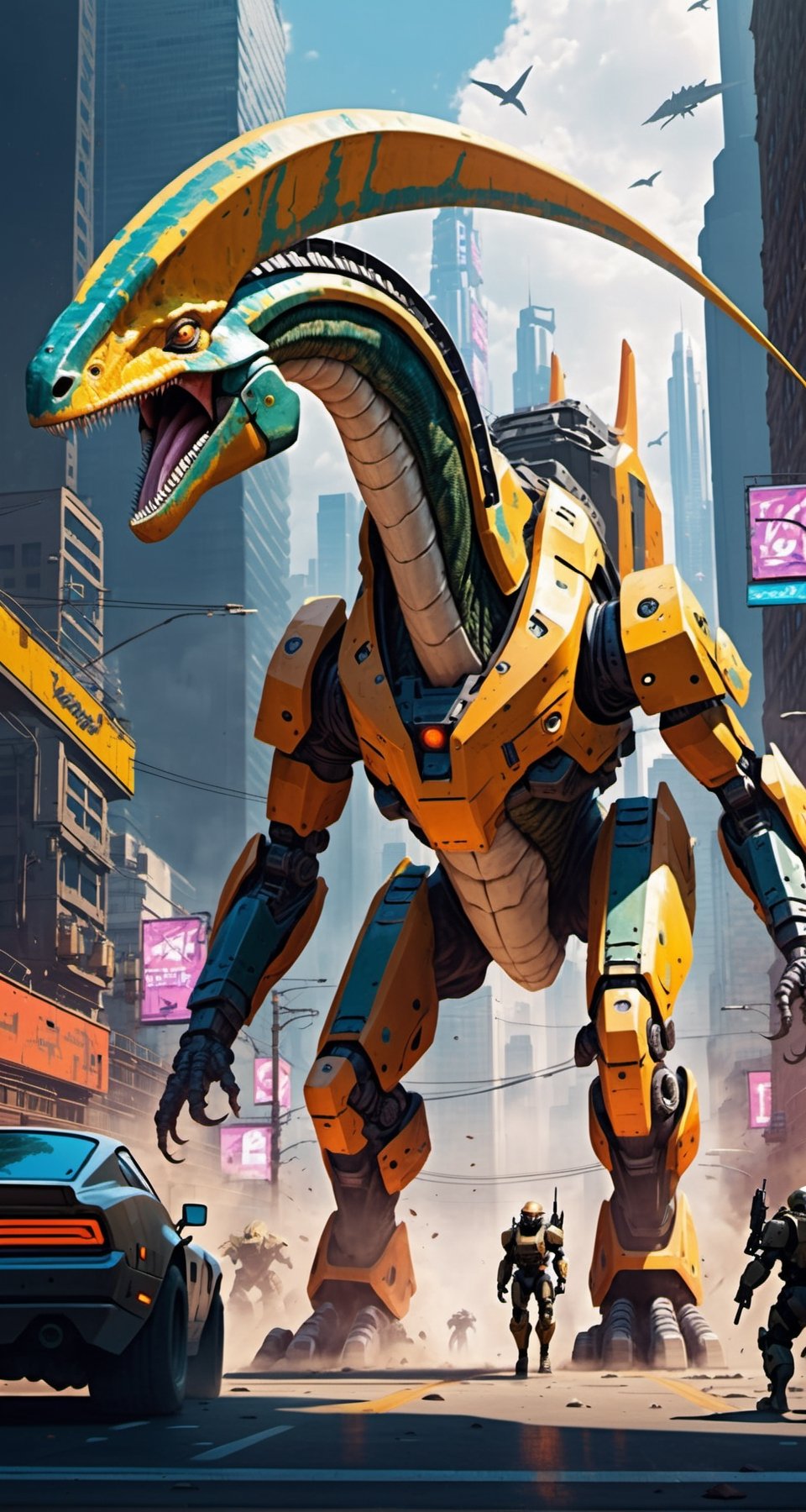 An Parasaurolophus giant robot with very strong body, leads the dinosaur special forces invading cyberpunk city. Envision a super powerful image that embodies the advanced technology, scary package, violences, massive explosions