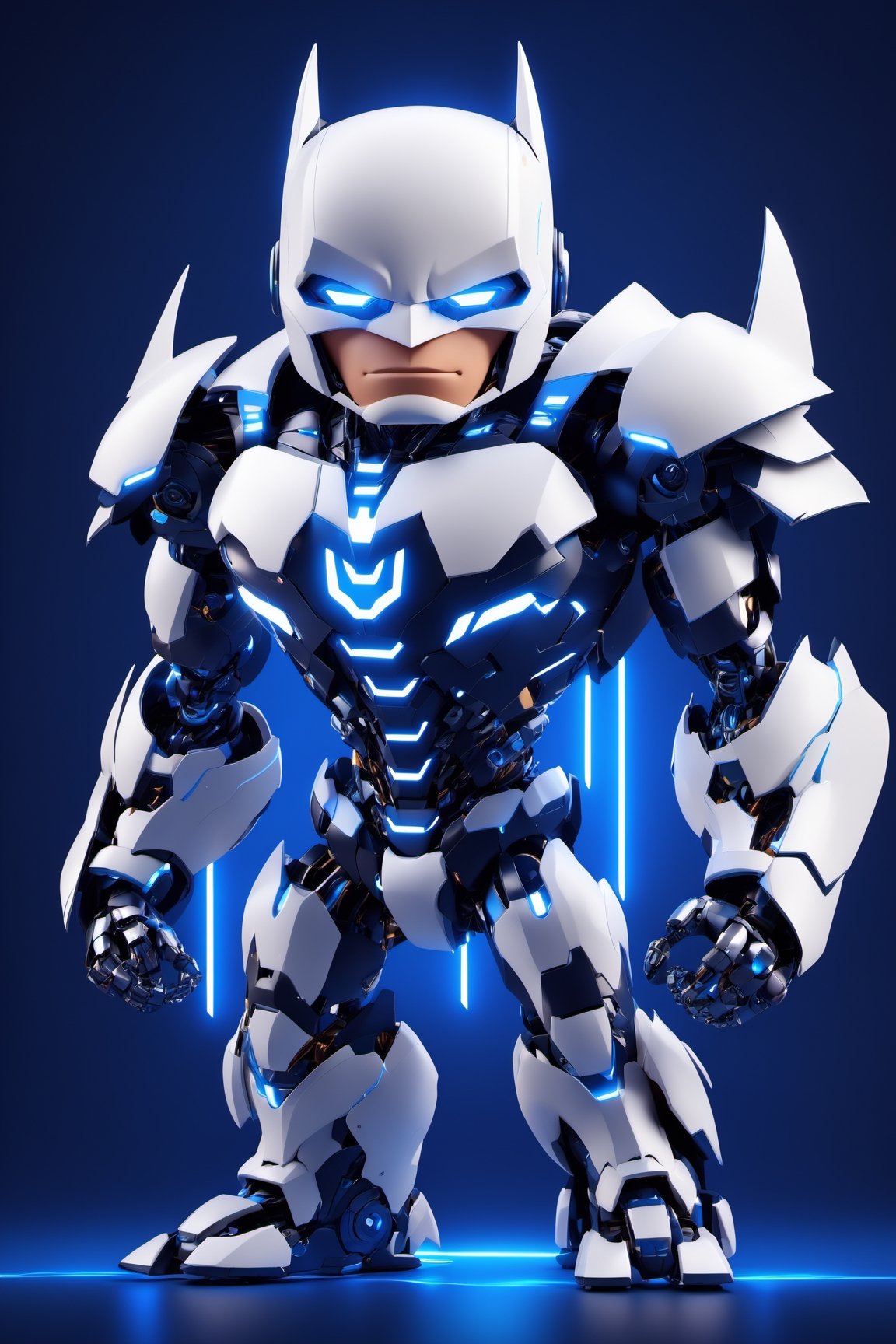 (full body) medium shot, body_marking, hi-tech cybernetic robot character of a Batman, angry expression, angry pose, futuristic, white platinum metallic line, pointy head and arms, dark background with blue neon lights, robot, 3d style, 3d, cyborg style, mecha, chibi emote style