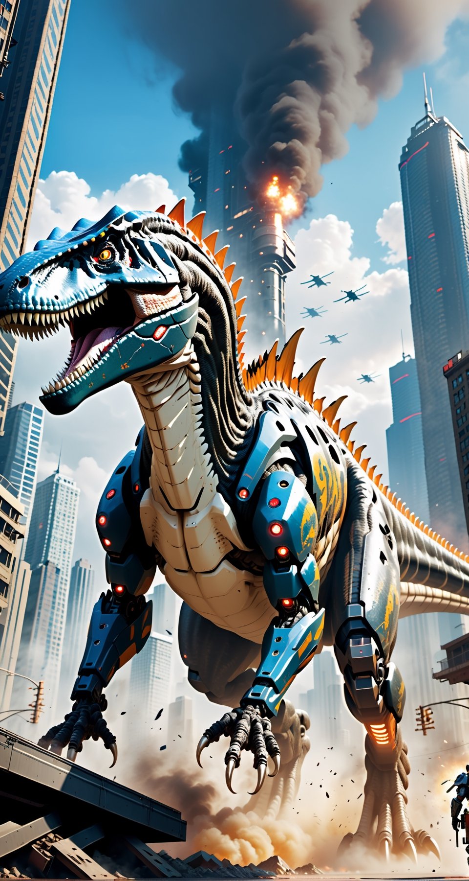 Imagine a Allosaurus giant robot with very strong body, leads the dinosaur special forces invading cyberpunk city. Envision a super powerful image that embodies the advanced technology, scary package, violences, massive explosions