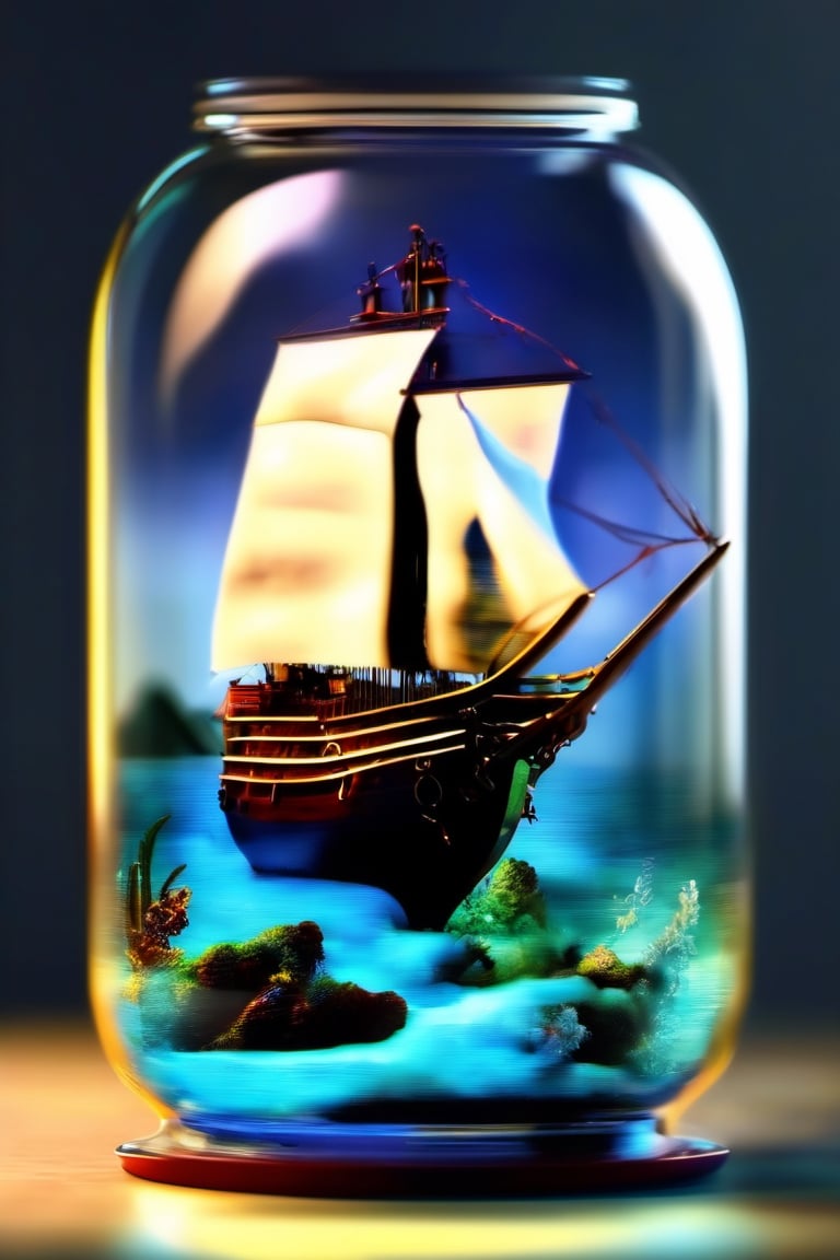 The galleon is inside a glass bottle filled with water, dark clouds, waterspouts,, photorealistic,  masterpiece,  surrealistic, details, 8k 