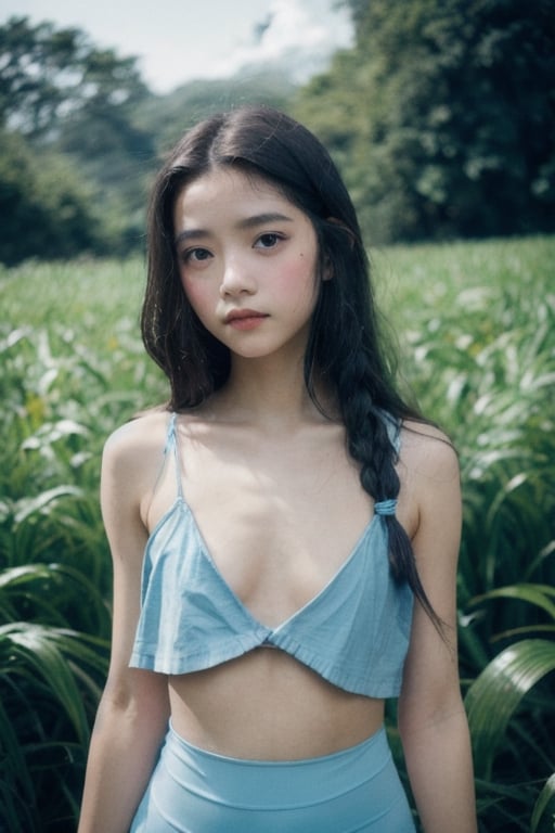 Photo of a hyperdetailed, Beautiful taiwan young girl with long wavy hair, [jungle|field], Stars in the sky, soft focus, dmt, film grain, Canon RF, F/2.8, ((nsfw)), ((light blue spaghetti_strap top)), ((flat_chest)), ((leggings)), ((nipslip)), 