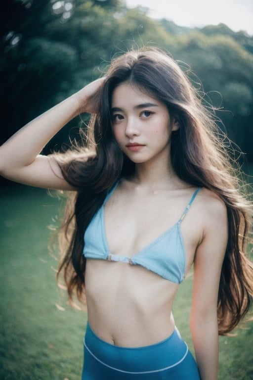 Photo of a hyperdetailed, Beautiful taiwan young girl with long wavy hair, [jungle|field], Stars in the sky, soft focus, dmt, film grain, Canon RF, F/2.8, ((nsfw)), ((light blue spaghetti_strap top)), ((flat_chest)), ((leggings)), ((nipslip)), naked bottom