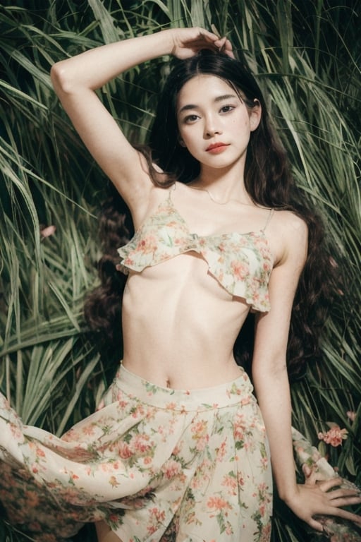 Photo of a hyperdetailed, Beautiful taiwan young girl with long wavy hair, [jungle|field], Stars in the sky, soft focus, dmt, film grain, Canon RF, F/2.8, ((nsfw)), ((skirt)), ((flat_chest)), ((seducing pose)), ((floral theme)), (((nipslip))), 