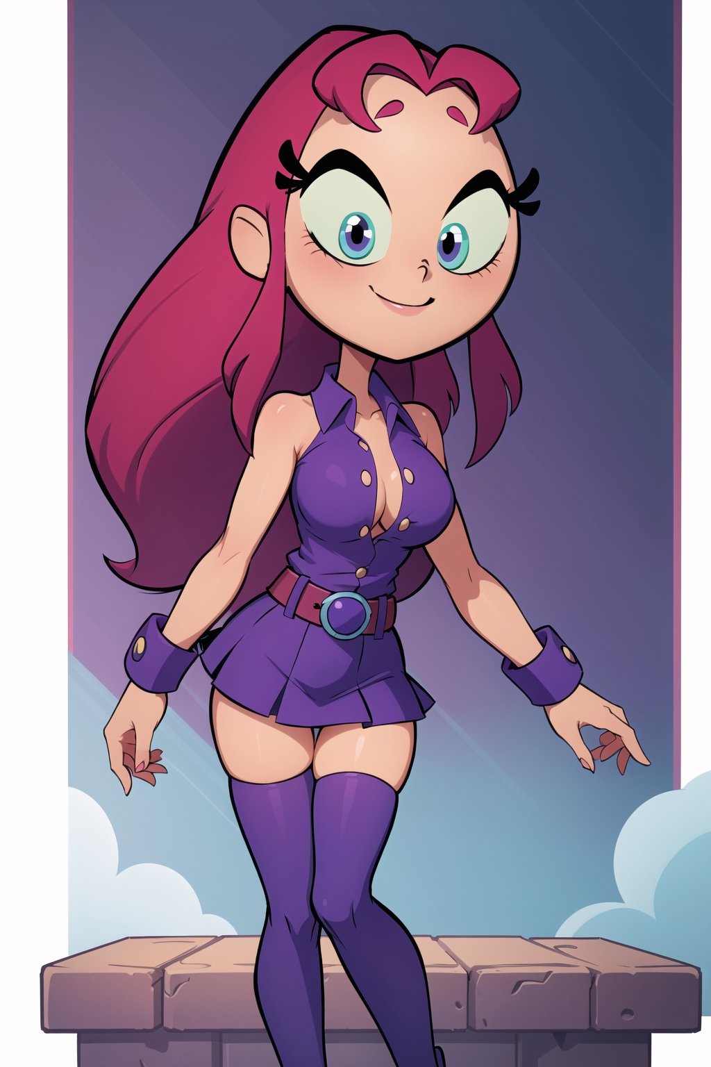 masterpiece, best quality, highres, (naked) ((starfire girl)), natural red hair , purple skirt, ((unbuttoned)) (t-shirt with buttons), purple stockings, bare shoulders, LV belt, superhero shot, hand on legs, sight smile, spread boobs,Starfire Teen Titans GO