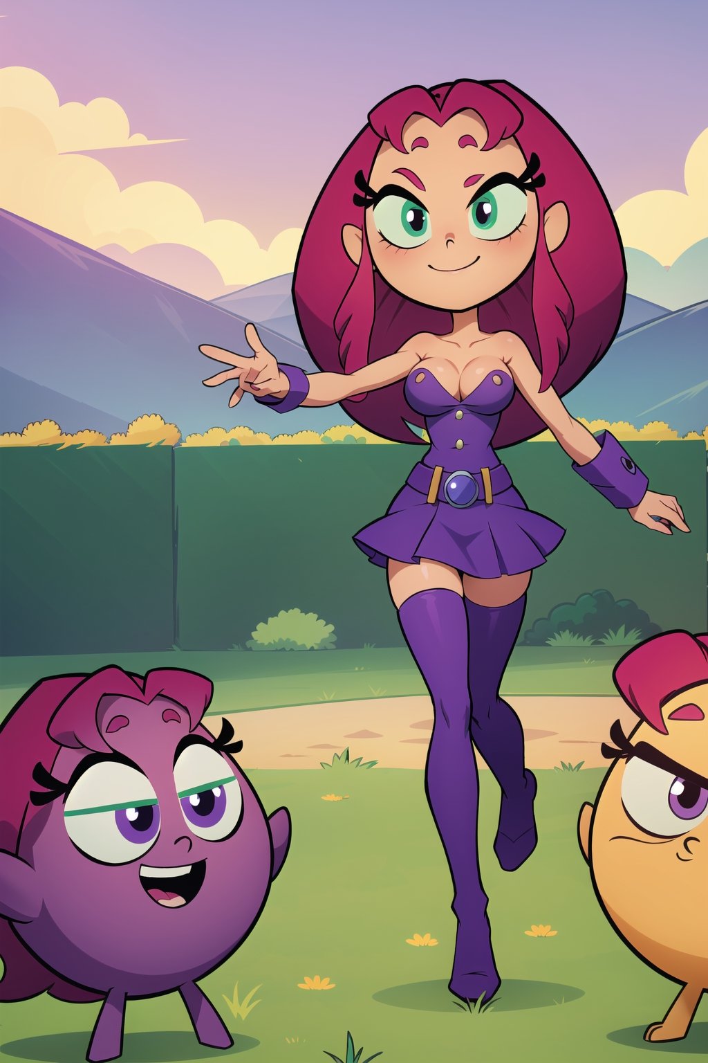 masterpiece, best quality, highres, (naked) ((starfire girl)), natural red hair , purple skirt, ((unbuttoned)) (t-shirt with buttons), purple stockings, bare shoulders, LV belt, superhero shot, hand on legs, sight smile, spread boobs,Starfire Teen Titans GO