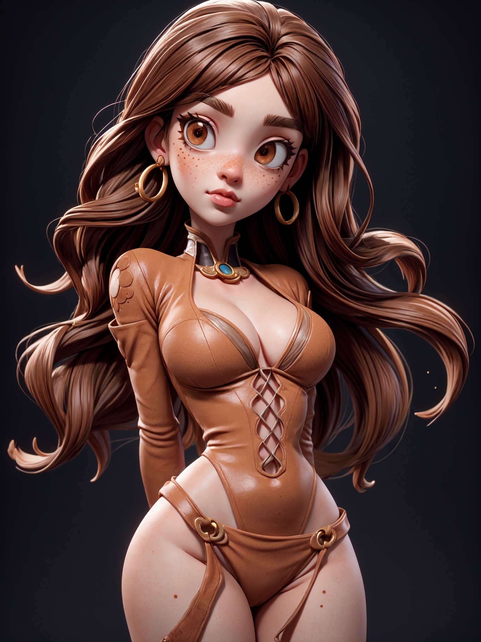 masterpiece, best quality, highres, pvc, render, ancient rome girl, 1girl, long hair, brunette hair, brown eyes, freckless, detached_sleeve, cleavage, detached_croptop, realistic skin, realistic detail, realistic hair and eyebrown, holding_breats from bottom, sexy pose