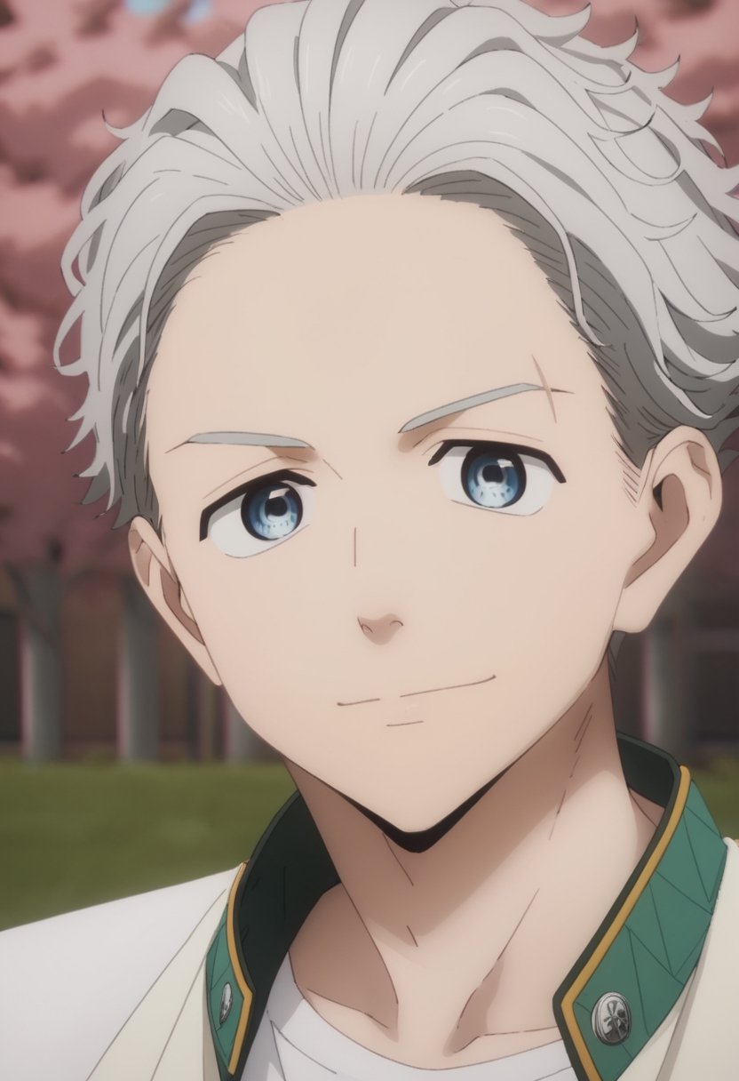 score_9, score_8_up, score_7_up, masterpiece, best quality, amazing quality, best aesthetic, ,absurdres, ,cute, solo,Hajime Umemiya, gray hair, blue eyes,