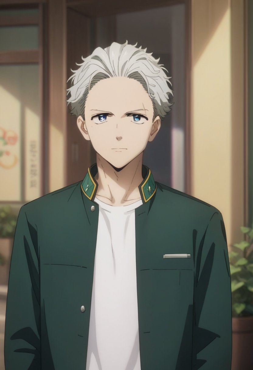 score_9, score_8_up, score_7_up, masterpiece, best quality, amazing quality, best aesthetic, ,absurdres,((source_anime)), Umemiya Hajime, green jacket, white shirt, green pants,
blue eyes, gray hair, 
