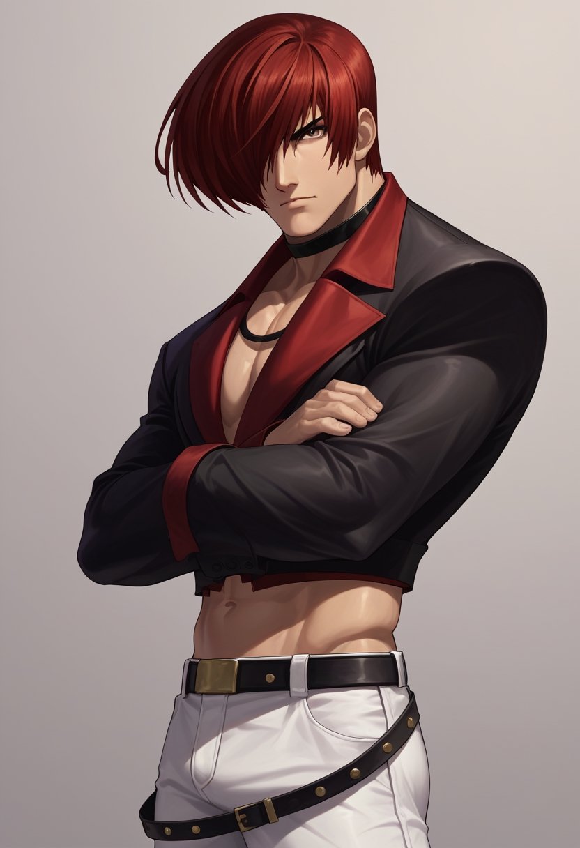 score_9, score_8_up, score_7_up, masterpiece, best quality, amazing quality, best aesthetic, ,absurdres, cute, iori_xiii, red hair, red eyes, chocker, white pants, black with red sleeves jacket, yellow shoes, belt, midriff, collar, 1boy