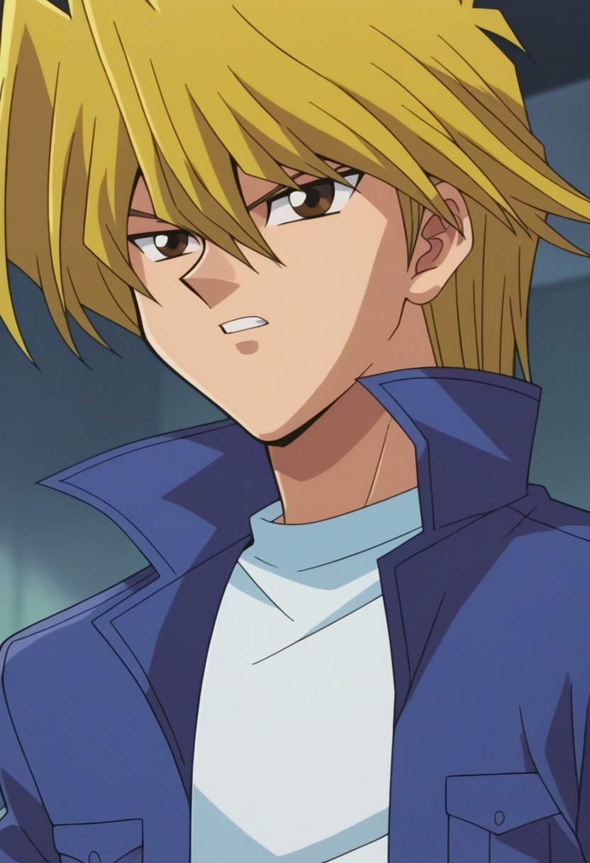 score_9, score_8_up, score_7_up, masterpiece, best quality, amazing quality, best aesthetic, ,absurdres, solo,jounouchi katsuya, blonde hair, brown eyes, white shirt, blue jacket, black pants, 