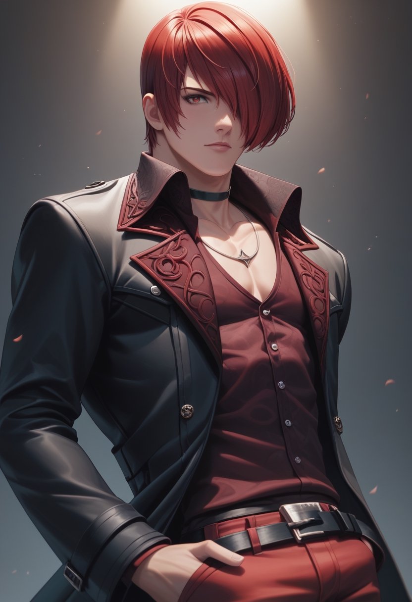 score_9, score_8_up, score_7_up, masterpiece, best quality, amazing quality, best aesthetic, ,absurdres, cute, iori_xv, red hair, red eyes, chocker, black coat,  black shoes, belt,  red shirt, JEWELRY, red pants