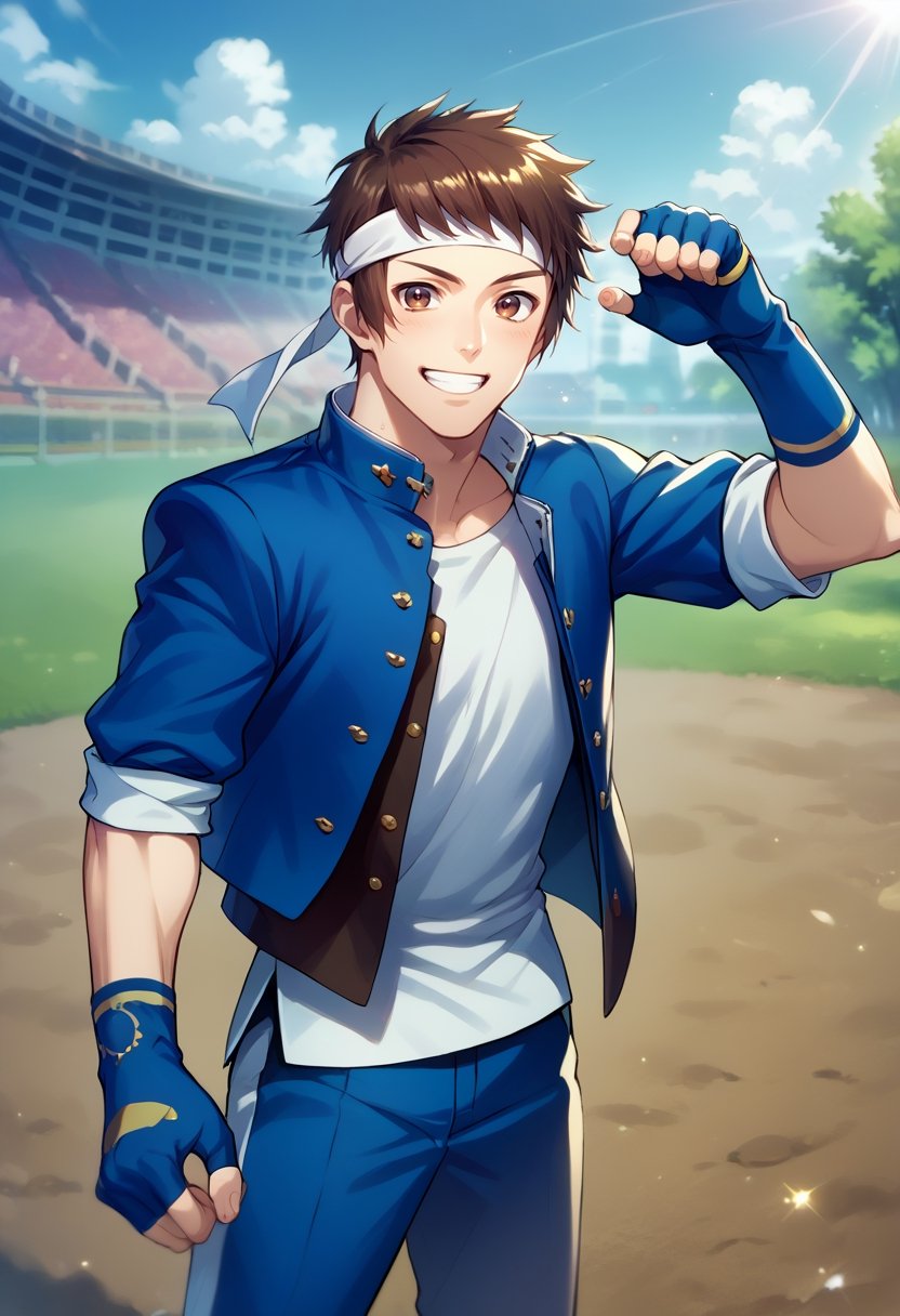 score_9, score_8_up, score_7_up, masterpiece, best quality, amazing quality, best aesthetic, ,absurdres, ((source_anime)), cute,shingo yabuki, brown hair, brown eyes, headband, blue jacket, white t-shirt, fingerless gloves, blue open jacket, white sneakers, 1boy