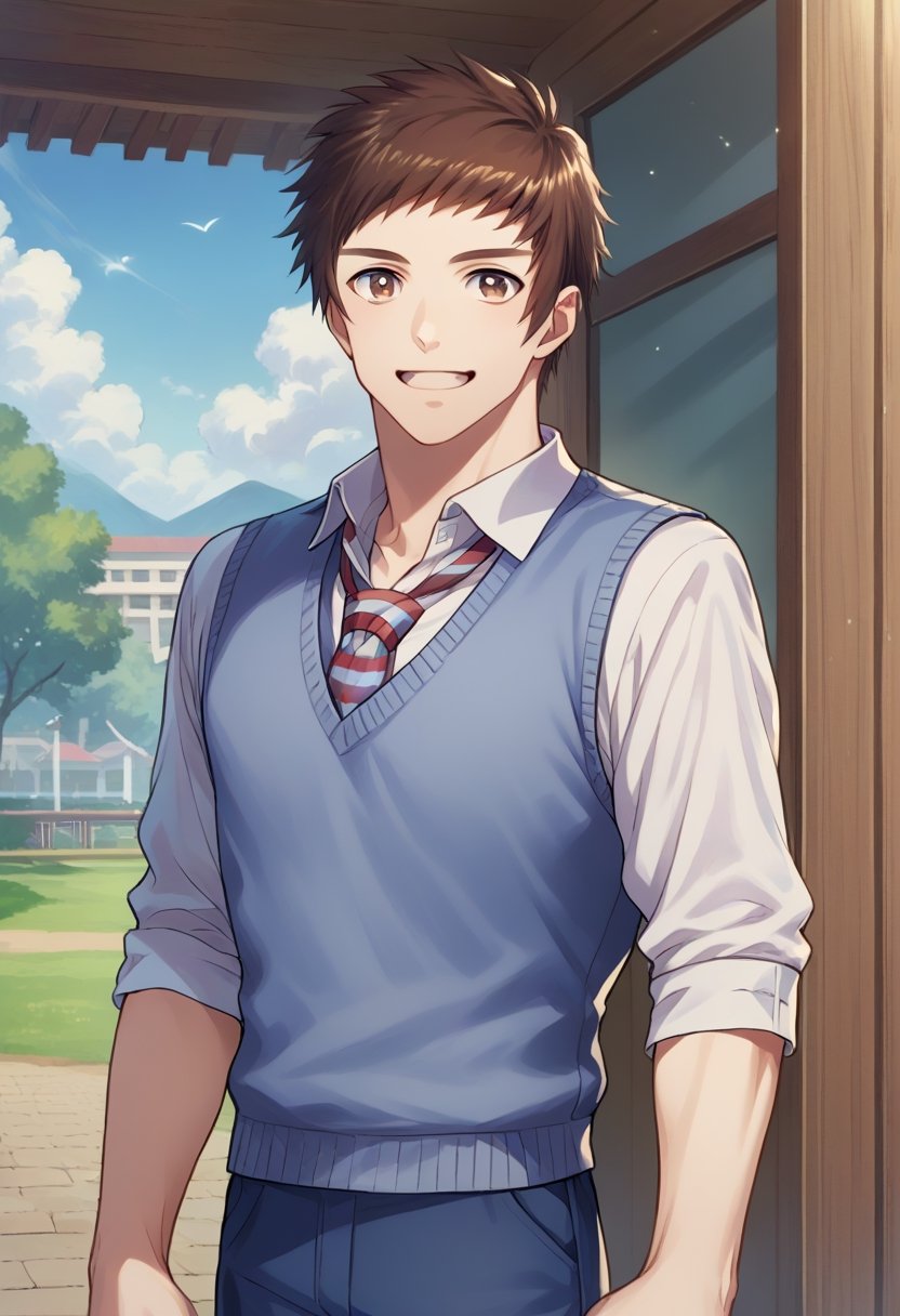 score_9, score_8_up, score_7_up, masterpiece, best quality, amazing quality, best aesthetic, ,absurdres, ((source_anime)), cute,shingo_stud, brown hair, brown eyes, white shirt, blue sweater vest, striped nectie, blue pants, 1boy