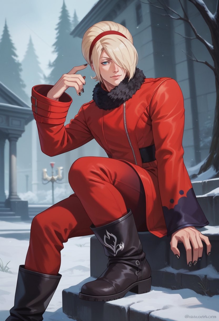 score_9, score_8_up, score_7_up, masterpiece, best quality, amazing quality, best aesthetic, ,absurdres, , male focus,ash_xv, blonde hair, blue eyes, red coat, red pants, freckless, hairband, black nails, black boots, fur trim, 