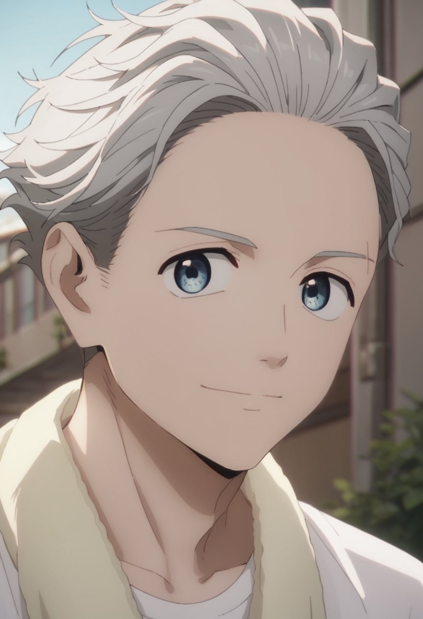 score_9, score_8_up, score_7_up, masterpiece, best quality, amazing quality, best aesthetic, ,absurdres, ,cute, solo,Hajime Umemiya, gray hair, blue eyes,score_6_up