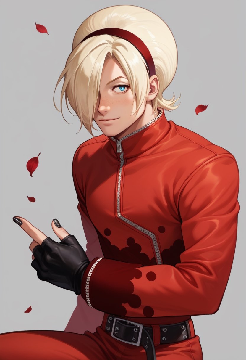 score_9, score_8_up, score_7_up, masterpiece, best quality, amazing quality, best aesthetic, ,absurdres, , male focus,ash crimson, blonde hair, blue eyes, red jacket, red pants, black fingerless gloves, freckless, hairband, belt, black nails, white shoes, 1boy