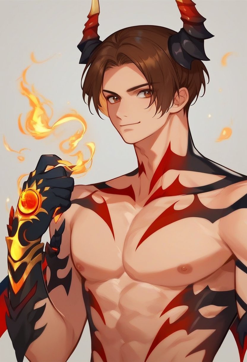 score_9, score_8_up, score_7_up, masterpiece, best quality, amazing quality, best aesthetic, ,absurdres, cute, kyo_seven, brown hair, brown eyes, demon horns, demon wings, tatto, demon boy, 1boy