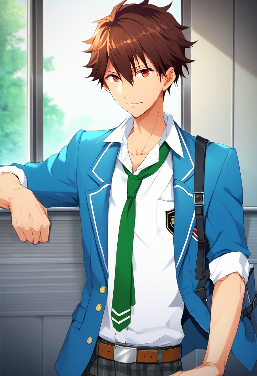   score_9, score_8_up,  score_7_up, score_6_up, highly detailed, masterpiece, best quality,detailed,intricate details, amazing quality, best aesthetic, absurdres, 
chiaki_kei, brown hair, brown eyes, school uniform, rolled up jacket, blue jacket, green necktie, white shirt, belt, plaid pants, 