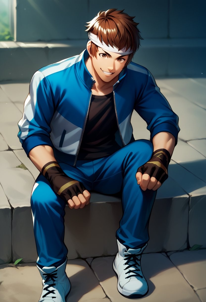 score_9, score_8_up, score_7_up, masterpiece, best quality, amazing quality, best aesthetic, ,absurdres, ((source_anime)), cute, shingo_xv, brown hair, brown eyes, headband, blue with white sleeve jacket, fingerless gloves, black shirt, blue pants, white sneakers, male focus