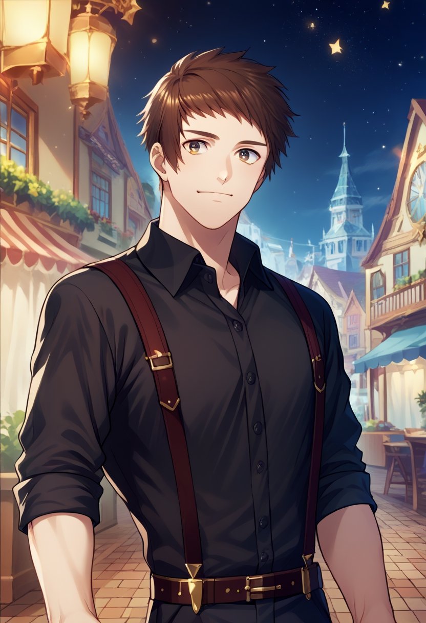 score_9, score_8_up, score_7_up, masterpiece, best quality, amazing quality, best aesthetic, ,absurdres, ((source_anime)), cute,shingo_night, brown hair, black sleeve shirt, black pants, sleeves rolled up, blue necktie,suspenders