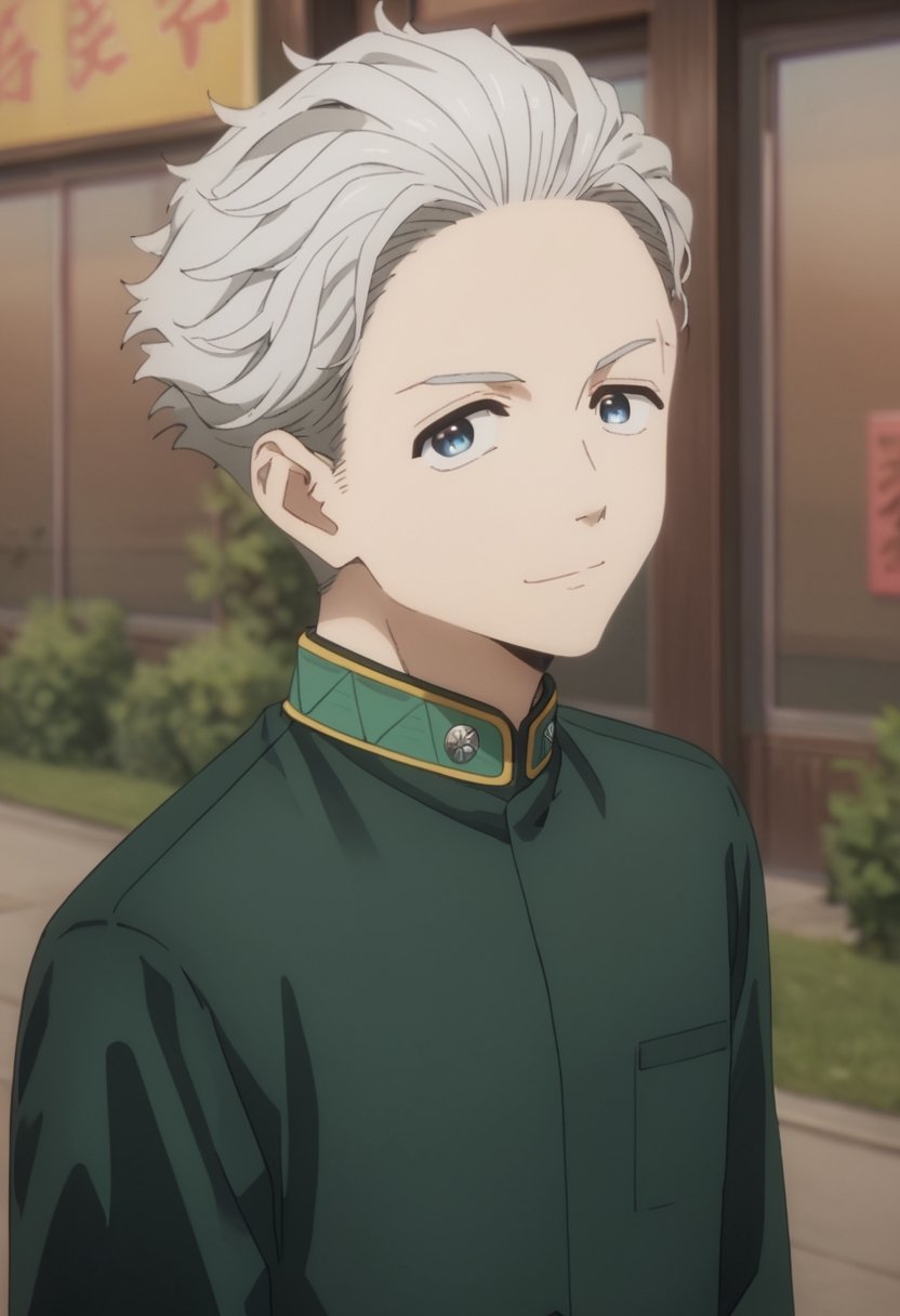 score_9, score_8_up, score_7_up, masterpiece, best quality, amazing quality, best aesthetic, ,absurdres, ,cute, solo,Hajime Umemiya, gray hair, blue eyes, green chinese clothes