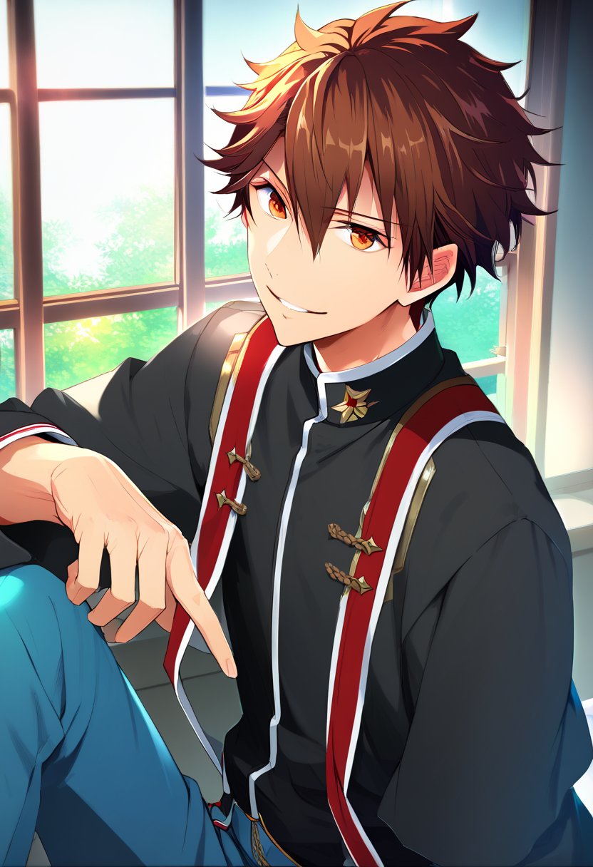   score_9, score_8_up,  score_7_up, score_6_up, highly detailed, masterpiece, best quality,detailed,intricate details, amazing quality, best aesthetic, absurdres, 
chiaki_kei, brown hair, brown eyes, smile,   black shirt with red and white stripe, blue pants