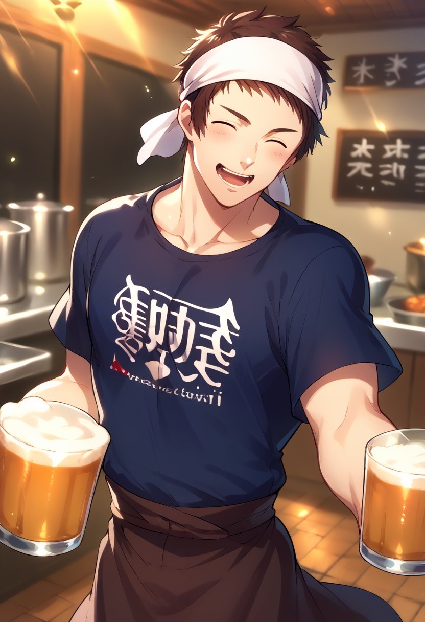 score_9, score_8_up, score_7_up, masterpiece, best quality, amazing quality, best aesthetic, ,absurdres, ((source_anime)), cute, shingo_chef, brown hair, brown eyes, chef apron, blue shirt, hairband, male focus