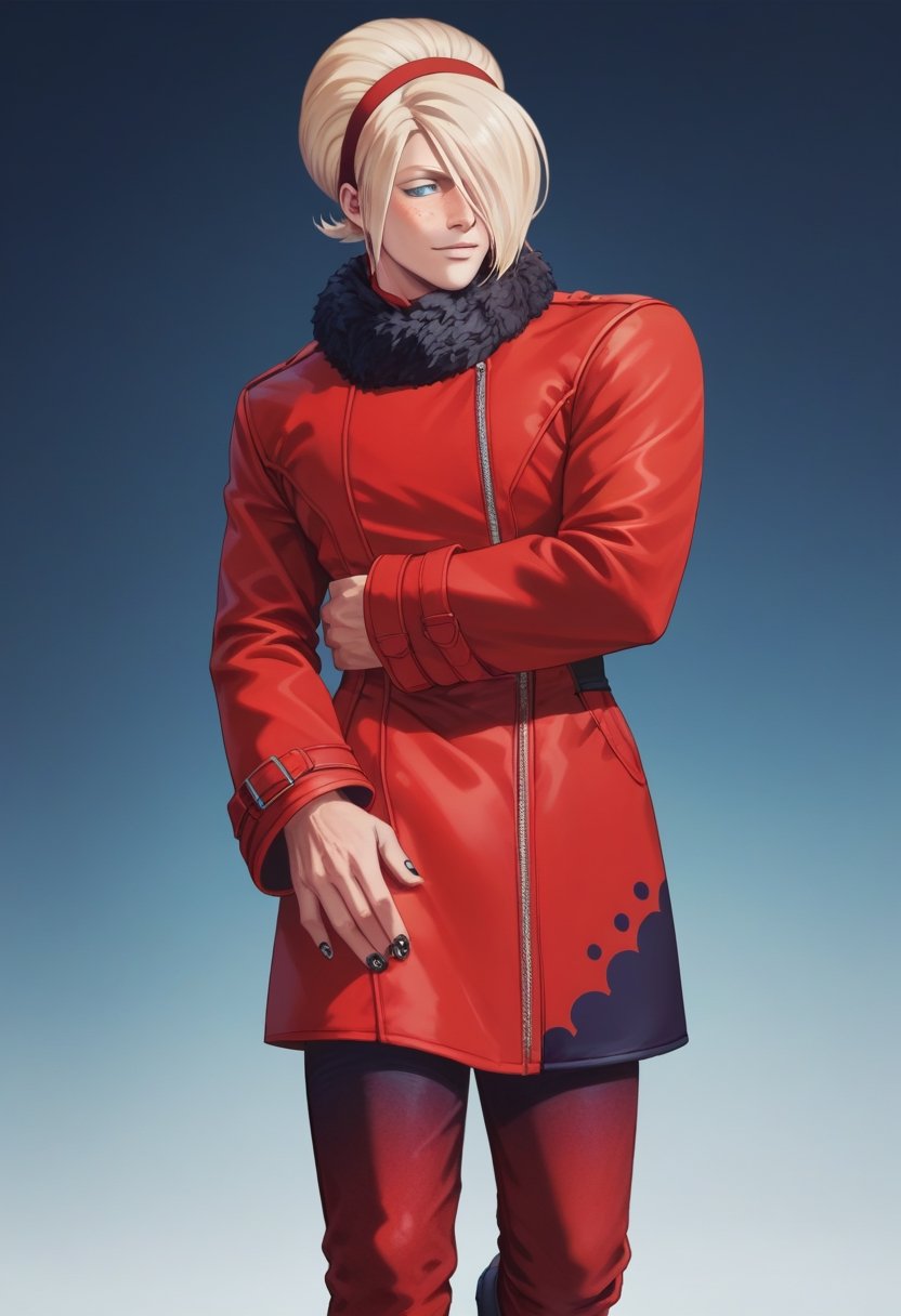 score_9, score_8_up, score_7_up, masterpiece, best quality, amazing quality, best aesthetic, ,absurdres, , male focus,ash_xv, blonde hair, blue eyes, red coat, red pants, freckless, hairband, black nails, black boots, fur trim, 1boy