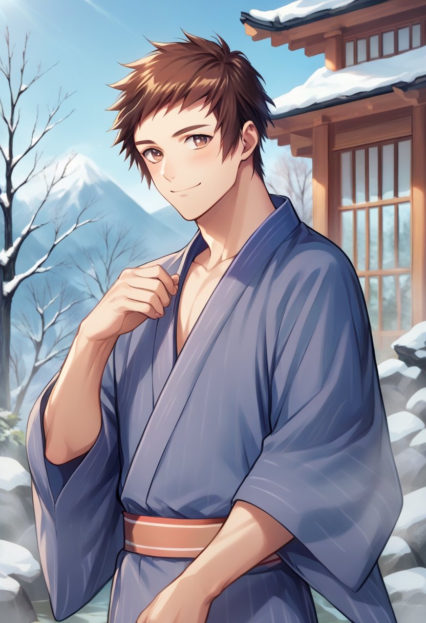 score_9, score_8_up, score_7_up, masterpiece, best quality, amazing quality, best aesthetic, ,absurdres, ((source_anime)), cute, shingo_onsen, brown hair, brown eyes, japanese clothes, blue kimono, 1boy