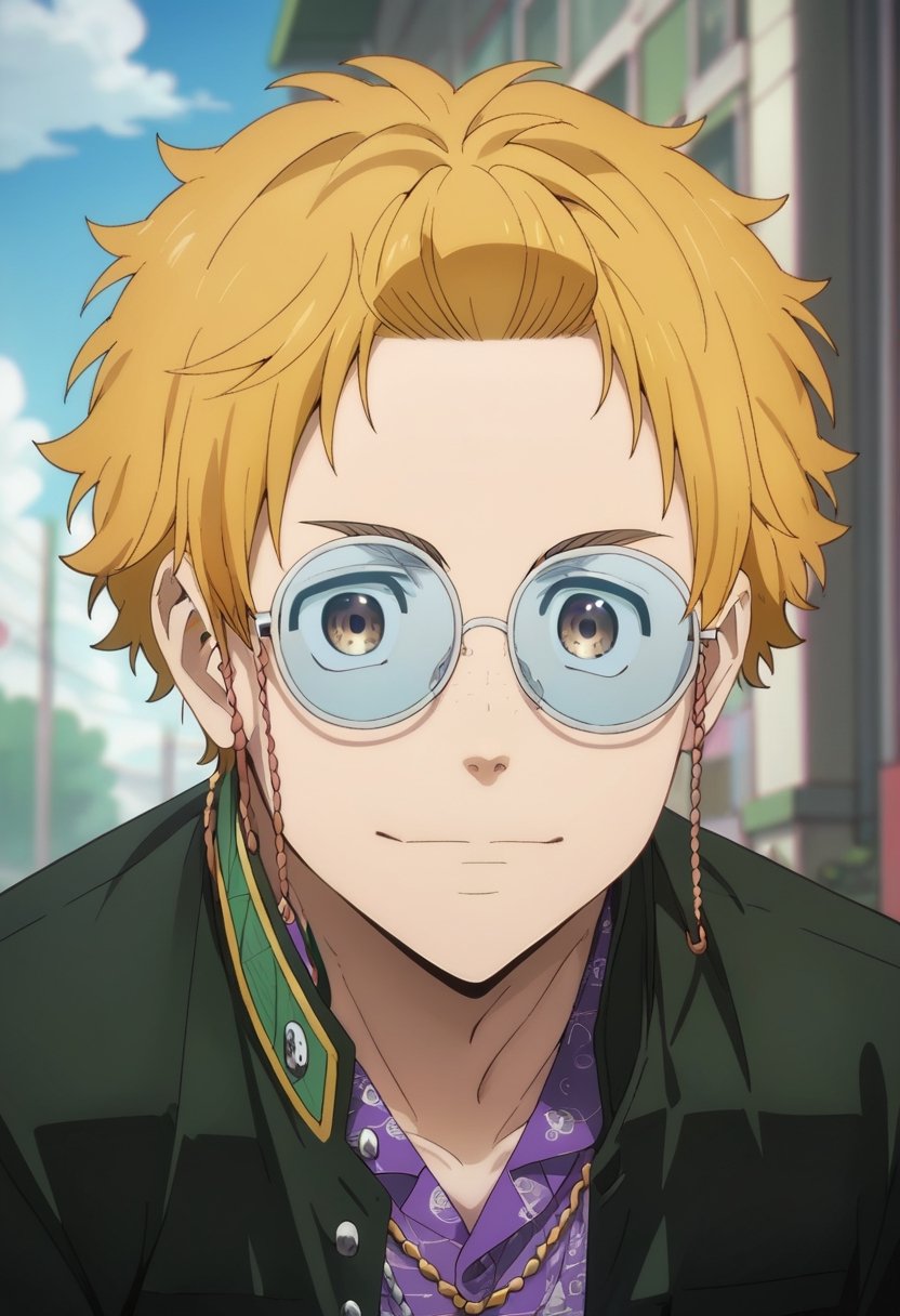 score_9, score_8_up, score_7_up, masterpiece, best quality, cute, male focus, AKIHIKO NIREI, BLONDE HAIR, BROWN EYES, glasses, purple shirt, SPARKLE,