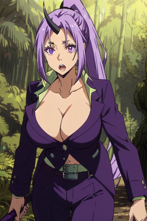 Shion 1girl, weapon, shirt, very_long_hair, belt, ponytail, collarbone, horns, cleavage, big_breasts, long_hair, open_mouth, pants, purple_eyes, purple_eyes, purple_hair, purple_jacket, breasts, very_long_hair, alone, alone, forest