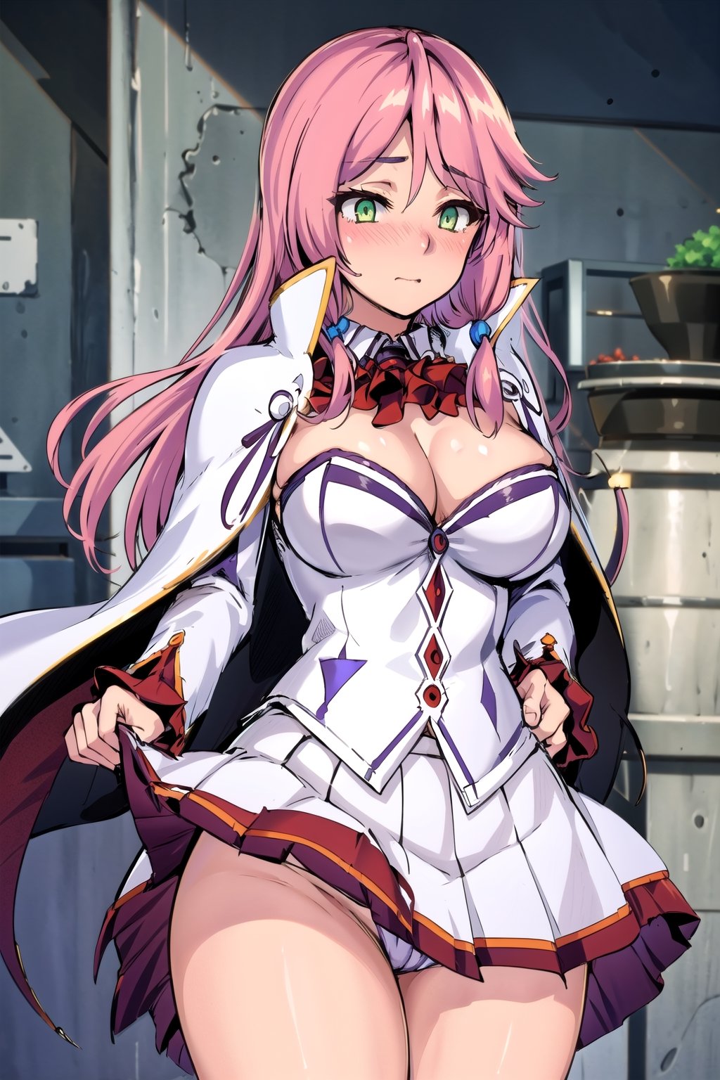 masterpiece, best quality, high resolution, aaflare, long hair, hair bows, bangs, green eyes, red ascot, white cape, neckline, white dress, long sleeves, white thighs, cowboy shot, standing, outdoors free, (tskirt lifted: 1.5) blushing, embarrassed,