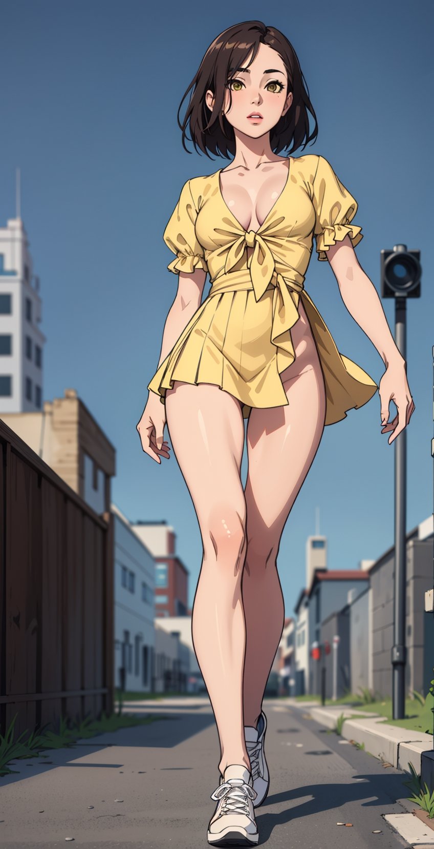 (best quality, masterpiece:1.2), (realistic, photo-realistic:1.3), 1girl, solo, (full body:1.3), (from below:1.3), simple background, working, medium_hair, street background, v neck ruffle sleeves pleated, windy, girlfriend dating,\nshort sleeves, yellow floral_elegant tie knot_chiffon mini dress, thighs, (thigh gap), white_sneakers, nice leg line, emphasized waist line, middle breast, large pelvis, clavicle, little cleavage, emphasized waist line\n, , 