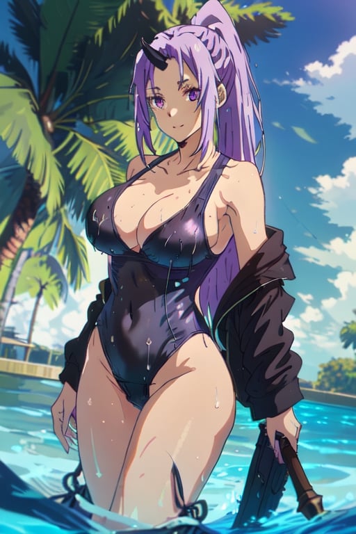 Shion 1girl, weapon, shirt, very_long_hair, belt, ponytail, collarbone, horns, cleavage, big_breasts, long_hair, purple_eyes, purple_hair, river, happy (black swimsuit: 1.5) wet