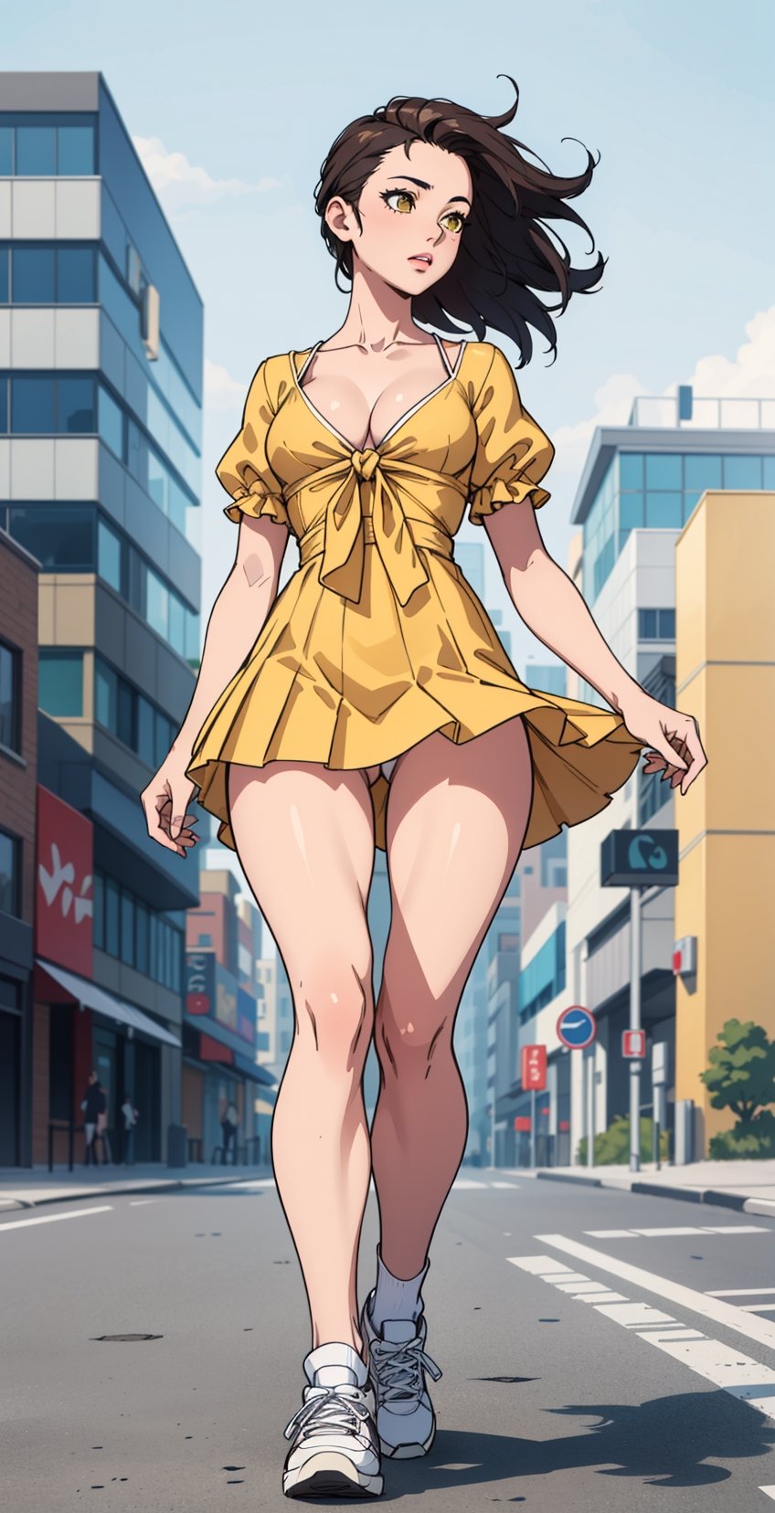 (best quality, masterpiece:1.2), (realistic, photo-realistic:1.3), 1girl, solo, (full body:1.3), (from below:1.3), simple background, working, medium_hair, street background, v neck ruffle sleeves pleated, windy, girlfriend dating,\nshort sleeves, yellow floral_elegant tie knot_chiffon mini dress, thighs, (thigh gap), white_sneakers, nice leg line, emphasized waist line, middle breast, large pelvis, clavicle, little cleavage, emphasized waist line\n, , 