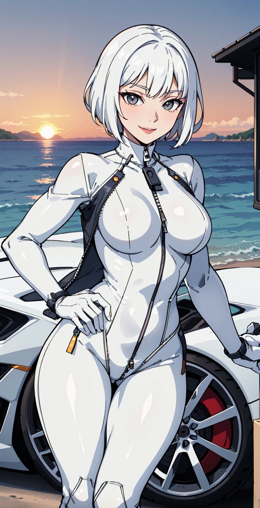 sole_female, Korean, race_queen, white hair, ((very short hair)), ((white tight bodysuit:1.5)), ((beach)), white eyes, ((white supercar:1.5)),, , ((sunset)), Beautiful smile, mature girl, (((Open Zipper))), white long coat, round naval, beautiful breast, slim belly 