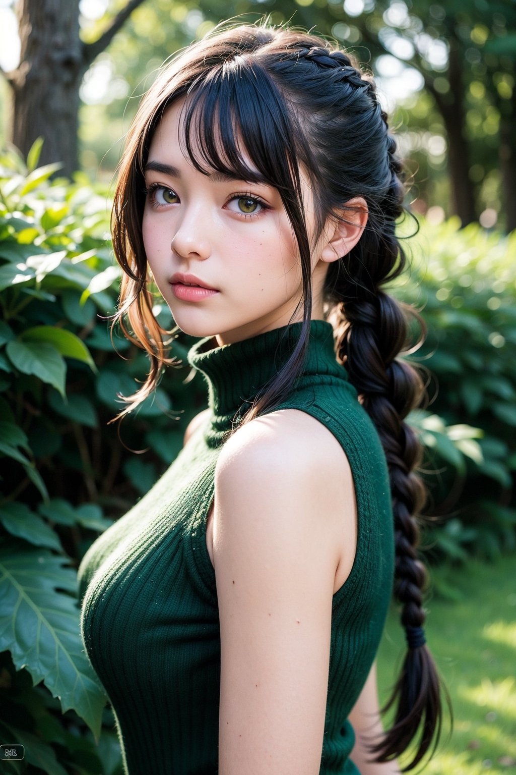 masterpiece, best quality, (bishoujo:1.3), 1girl, ((looking_at_viewer)),depth of field,(thistle hair), side_braid, nekomimi, (dark_forest_green sleeveless_turtleneck), park, 