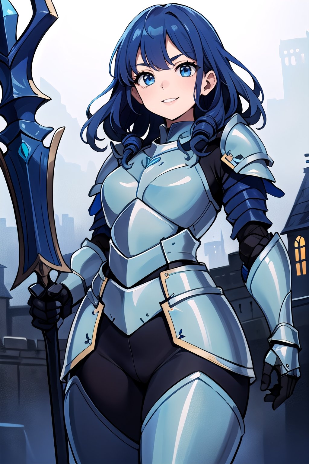 (masterpiece:1.3),(best quality:1.1),milf, 25 years old beauty female, deep blue eyes and detailed face, pure skin,small breasts, glad smile, ((blue light armor:1.55)), holding a spear, blue pants, large pelvis, (illustration:1.1),(extremely fine and beautiful:1.1),(perfect details:1.1),head to thigh view, ((in front of castle)), ((depth of field)), blue hair, long curly hair, front view,  