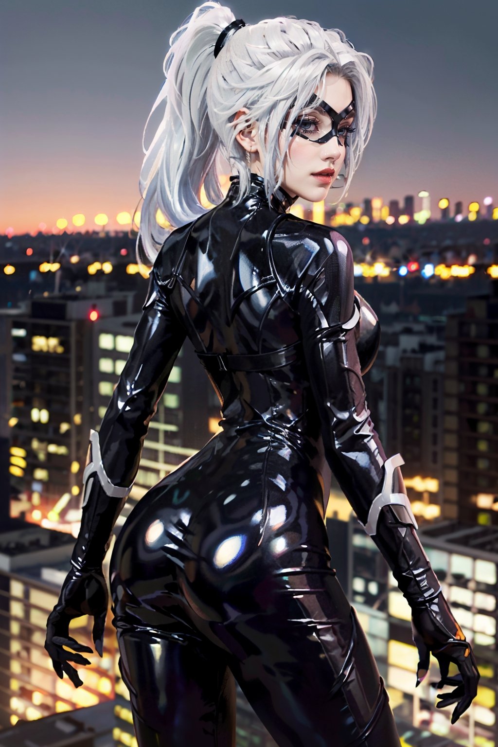 (masterpiece, best quality) MarvelBlackCat, 1 girl, alone, long hair, white hair, pretty face, ponytail, seductive, cityscape, at night, on top of a skyscraper, short dress, tight shiny skin, cold colors, digital painting, back view, looking at viewer