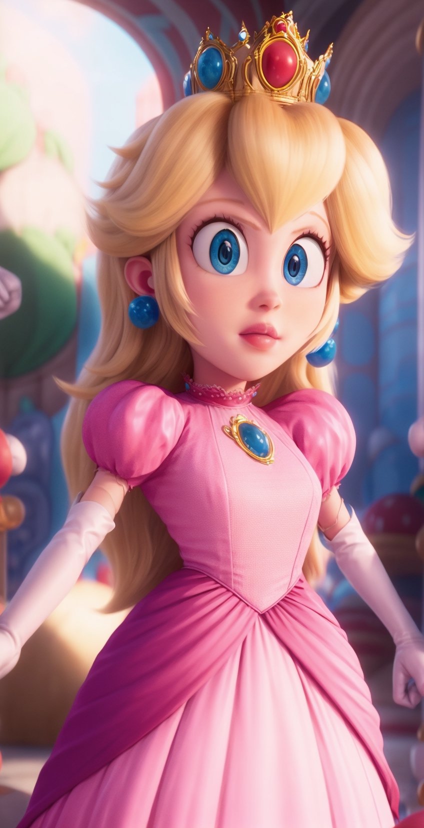 princess_peach, 1 girl, alone, blonde hair, blue eyes, pink dress, v-arms, white gloves, earrings, long hair, jewelry, elbow-length gloves, gloves, blush, short puff sleeves, crown, dress, short sleeves, puffed sleeves